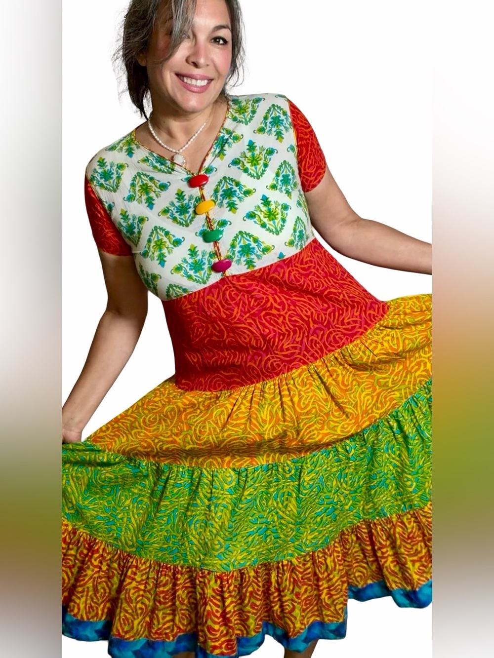 RAV-E Colorful Tiered Midi Dress XL Boho Art to Wear Button Front Resort - Picture 4 of 15